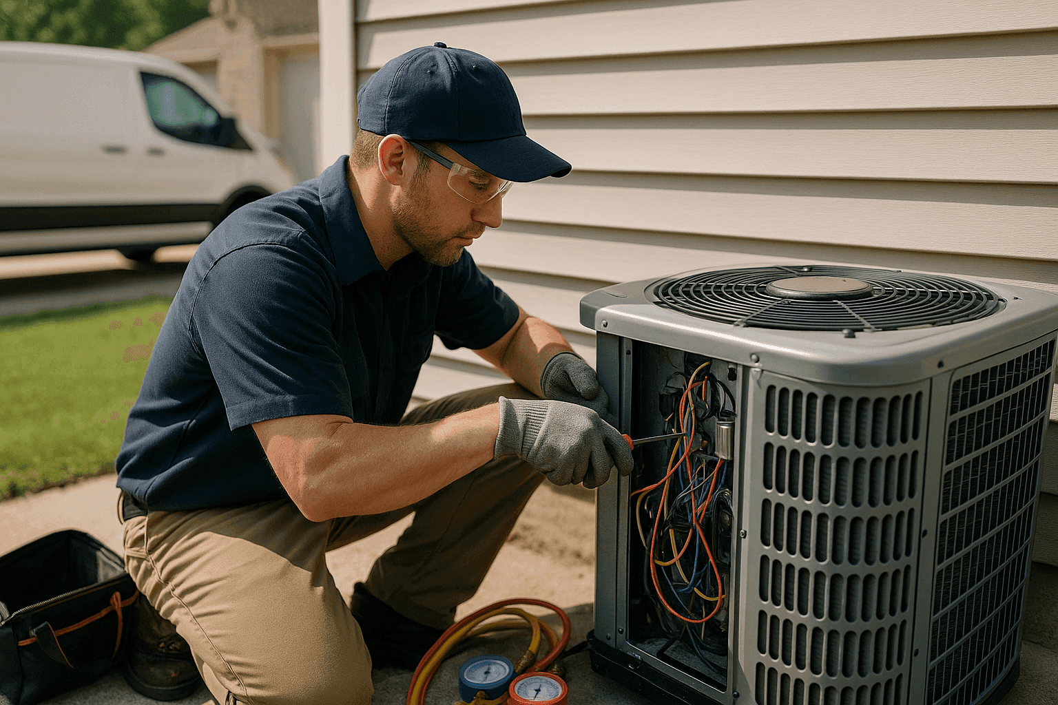 HVAC technician inspecting and maintaining an outdoor air conditioning unit