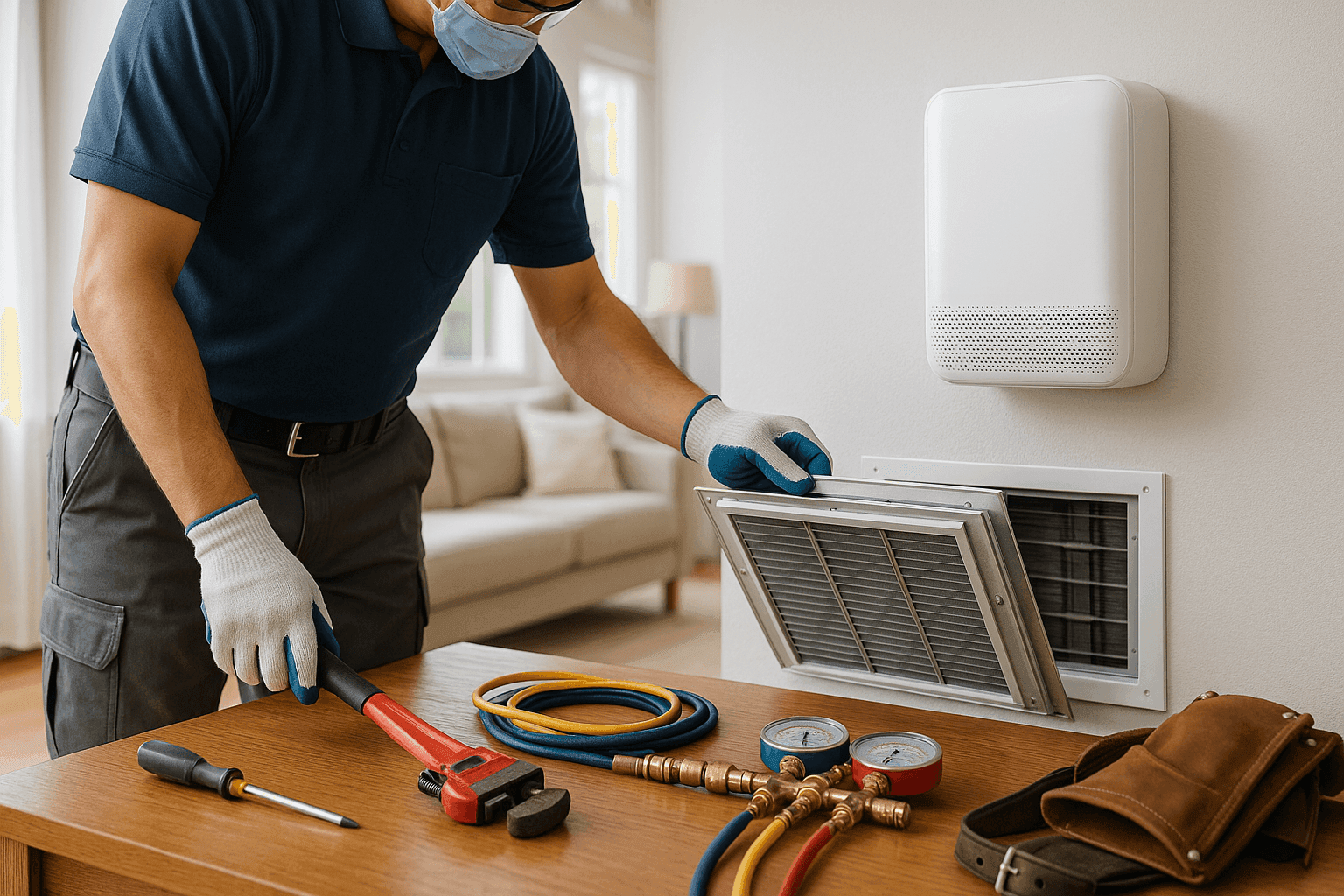 Purificador de aire HVAC moderno instalado en una sala luminosa mejorando la calidad del aire interior