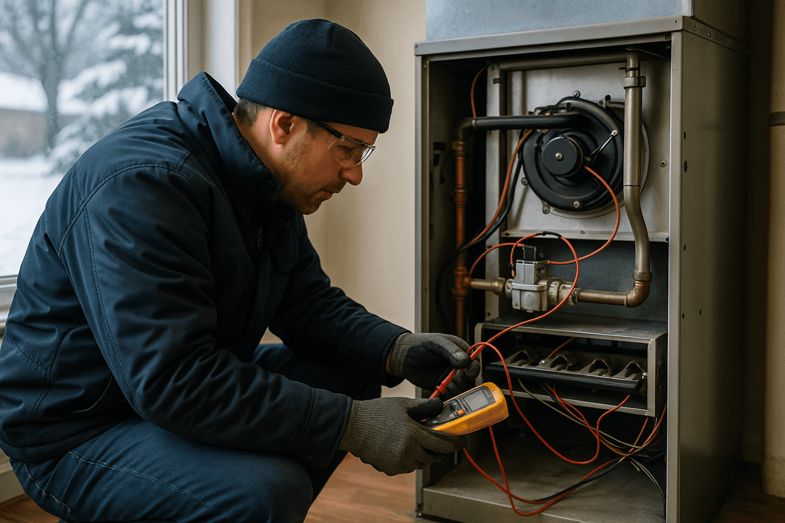 Technician inspecting furnace for winter HVAC maintenance