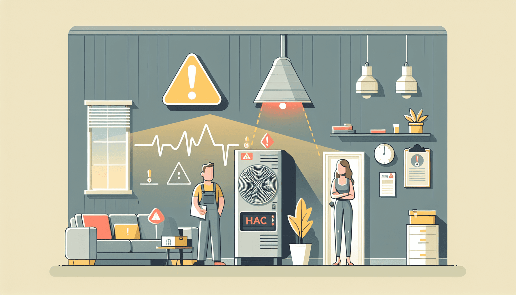 Sistema HVAC disfuncional con iconos de advertencia